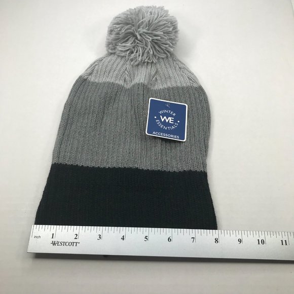 Winter Essentials Women's One Size Black/Gray Stripes Knit Beanie Hat With Pom - Picture 6 of 10